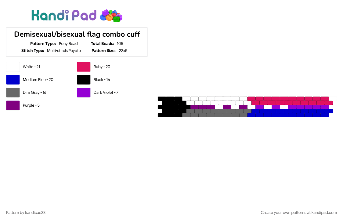 Demisexual/bisexual flag combo cuff - Pony Bead Pattern by kandicae28 on Kandi Pad - bi, bisexual, demi, demisexual, lgbtqia, pink, pride, purple