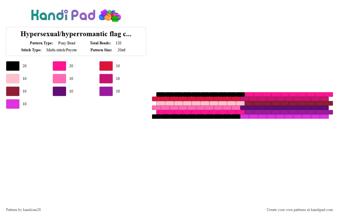 Hypersexual/hyperromantic flag combo cuff - Pony Bead Pattern by kandicae28 on Kandi Pad - hyperromantic, hypersexual, kandicuff, peyotestitch, pink, pride, pridekandi