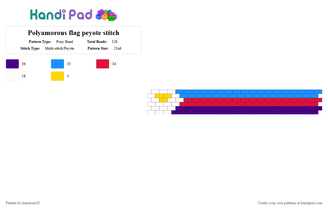 Polyamorous flag peyote stitch - Pony Bead Pattern by kandicae28 on Kandi Pad - frideflag, kandicuff, light blue, peyotestitch, polyamorous, polyamory, pride, purple, red