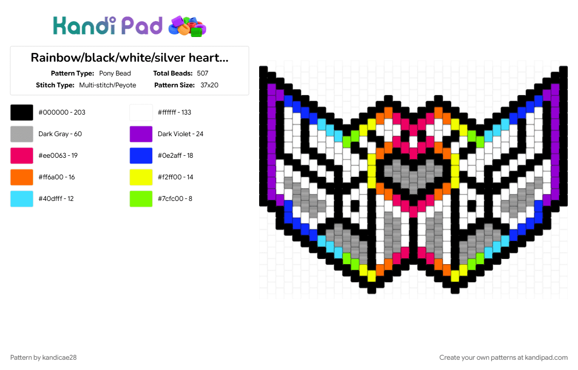 Rainbow/black/white/silver heart mask thingy - Pony Bead Pattern by kandicae28 on Kandi Pad - beige, colorful, kani mask, purple, rainbow, white