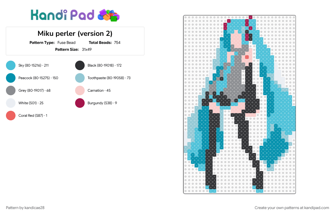 Miku perler (version 2) - Fuse Bead Pattern by kandicae28 on Kandi Pad - hatsune miku, light blue, miku, miku miku oo ee oo, perler, teal, vocaloid