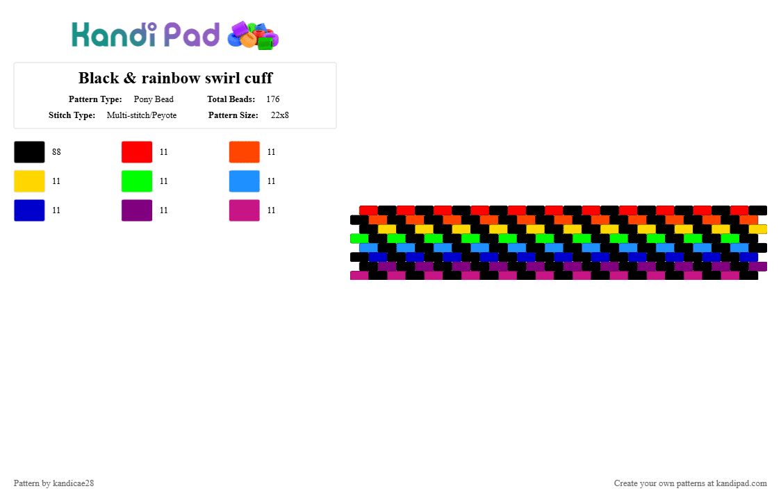 Black & rainbow swirl cuff - Pony Bead Pattern by kandicae28 on Kandi Pad - black,red,pink,peyotestitch,kandicuff,blackrainbow,blackandrainbow