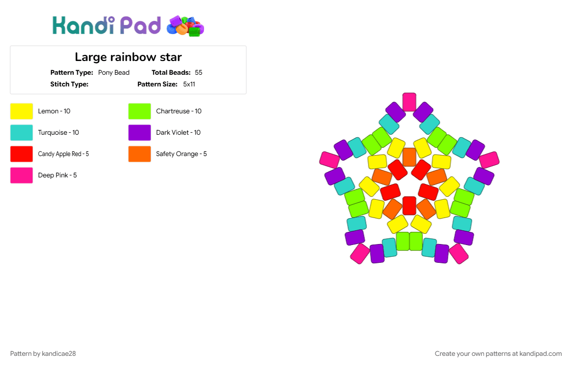 Large rainbow star - Pony Bead Pattern by kandicae28 on Kandi Pad - colorful, green, kandi star, large kandi star, pride, purple, rainbow, teal, yellow