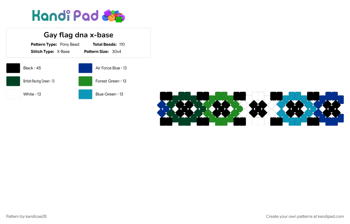 Gay flag dna x-base - Pony Bead Pattern by kandicae28 on Kandi Pad - black, blue, gay, gay man, gay men, green, lgbtqia, light blue, mlm, pride