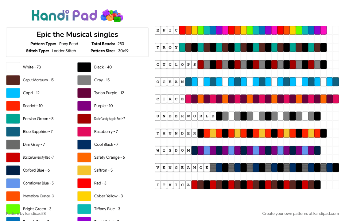 Epic the Musical singles - Pony Bead Pattern by kandicae28 on Kandi Pad - colorful, epic, epic the musical, gray, music, musical, pink, red, singles