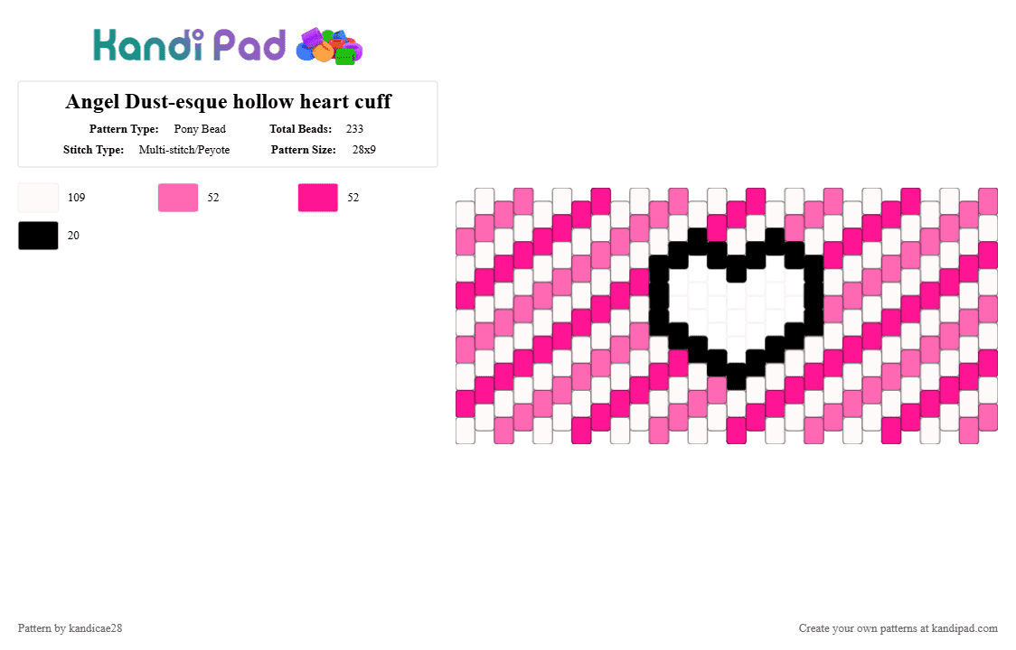 Angel Dust-esque hollow heart cuff - Pony Bead Pattern by kandicae28 on Kandi Pad - angel dust, hazbin, hazbin hotel, hellaverse, pink, white
