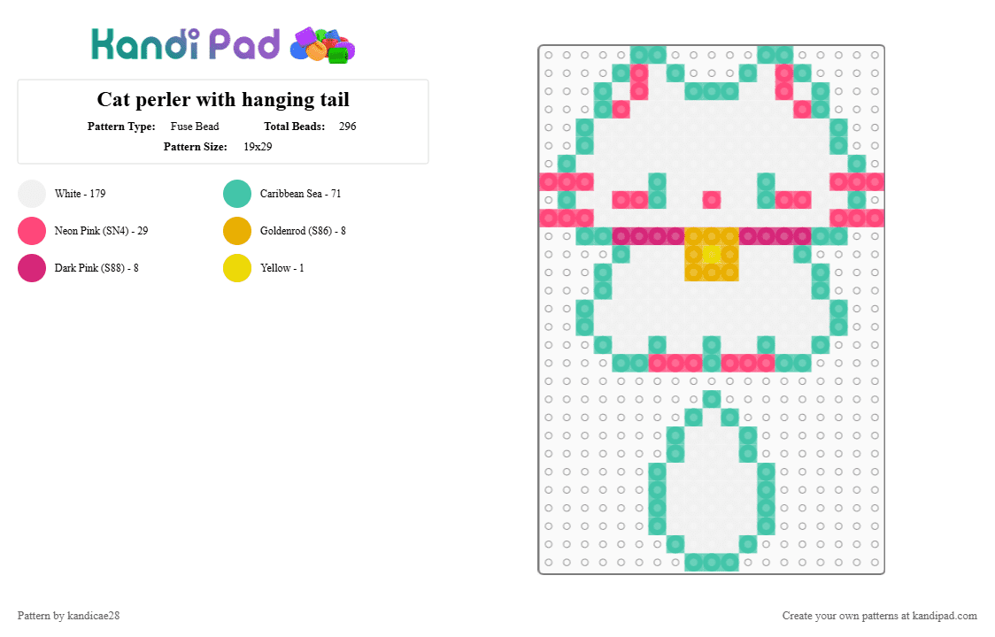 Cat perler with hanging tail - Fuse Bead Pattern by kandicae28 on Kandi Pad - white,red,teal,cat,perlerbead