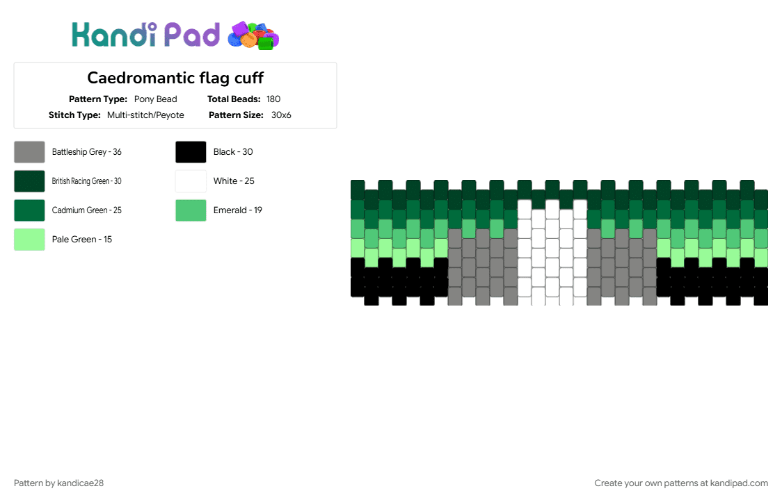 Caedromantic flag cuff - Pony Bead Pattern by kandicae28 on Kandi Pad - aro pride, aro spectrum, aromantic, aromantic pride, aromantic spectrum, arospec, caedromantic, gray, pride, teal