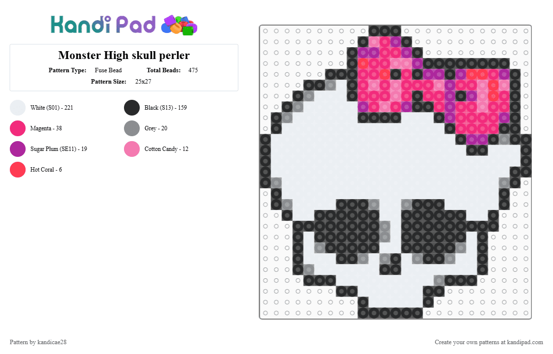 Monster High skull perler - Fuse Bead Pattern by kandicae28 on Kandi Pad - monsterhigh, perlerbead, pink, white