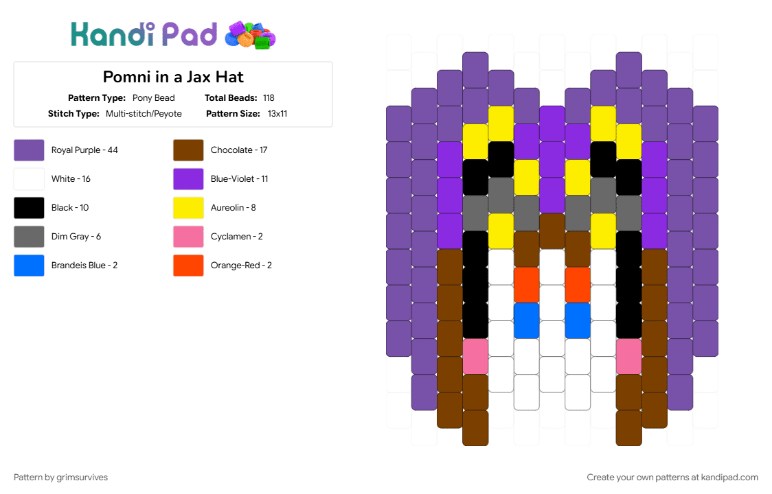 Pomni in a Jax Hat - Pony Bead Pattern by grimsurvives on Kandi Pad - brown, character, jax, jaxpom, pomni, pomnixjax, purple, tadc, the amazing digital circus, theamazingdigitalcircus