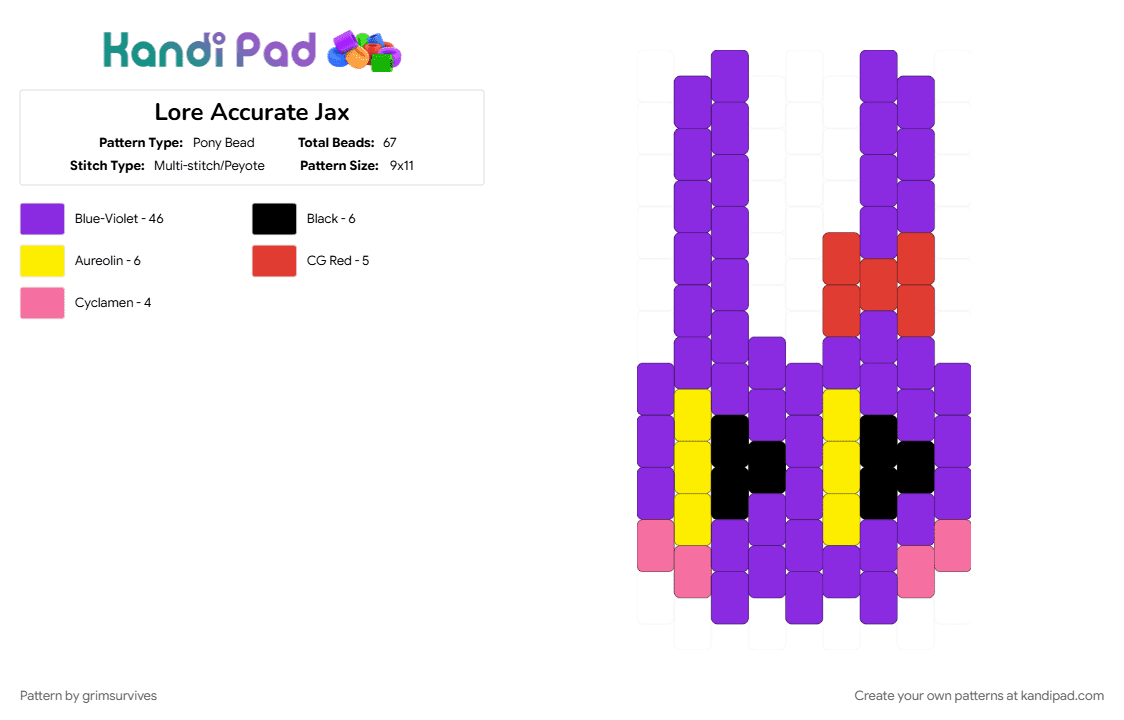 Lore Accurate Jax - Pony Bead Pattern by grimsurvives on Kandi Pad - character, head, jax, jax tadc, jaxtadc, purple, tadc, the amazing digital circus