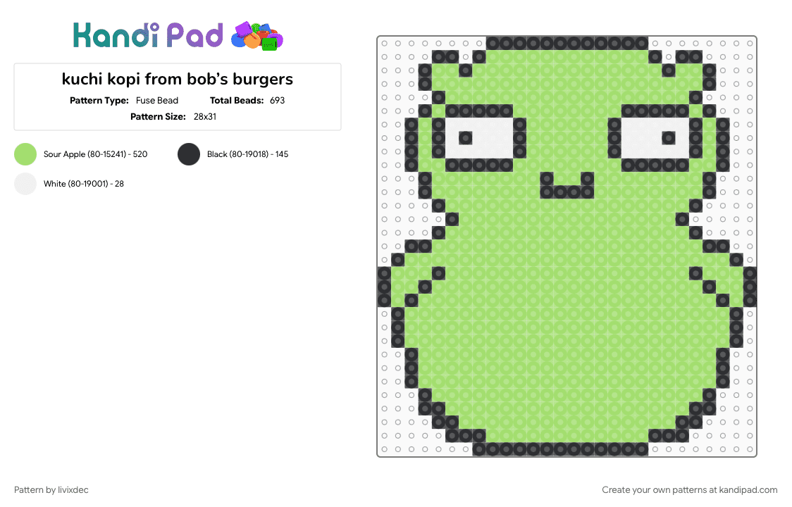 kuchi kopi from bob’s burgers - Fuse Bead Pattern by livixdec on Kandi Pad - bobs burgers, cartoon, green, kuchi kopi, louise belcher, nightlight