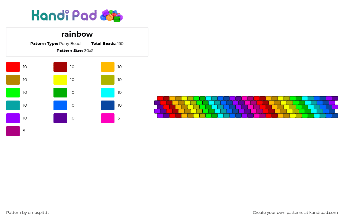 rainbow - Pony Bead Pattern by emospitttt on Kandi Pad - rainbow,diagonal,stripes,colorful,cuff,bright