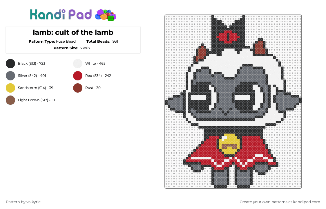 lamb: cult of the lamb - Fuse Bead Pattern by valkyrie on Kandi Pad - cult of the lamb,lamb,gray,red