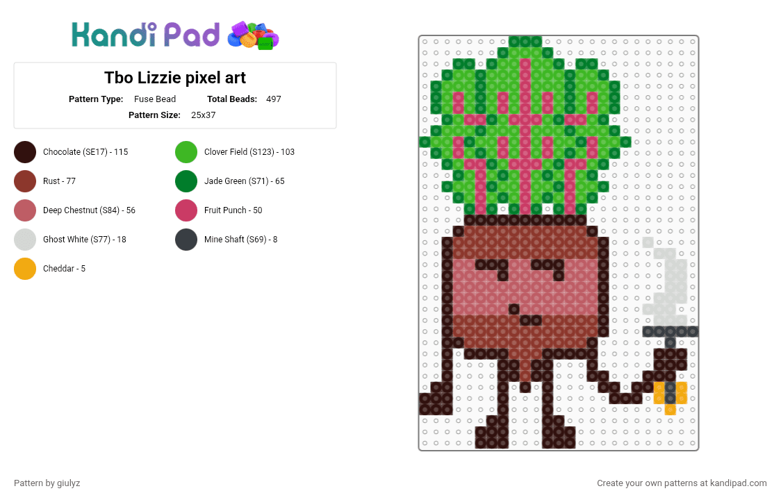 Tbo Lizzie pixel art - Fuse Bead Pattern by giulyz on Kandi Pad - brown, green, red