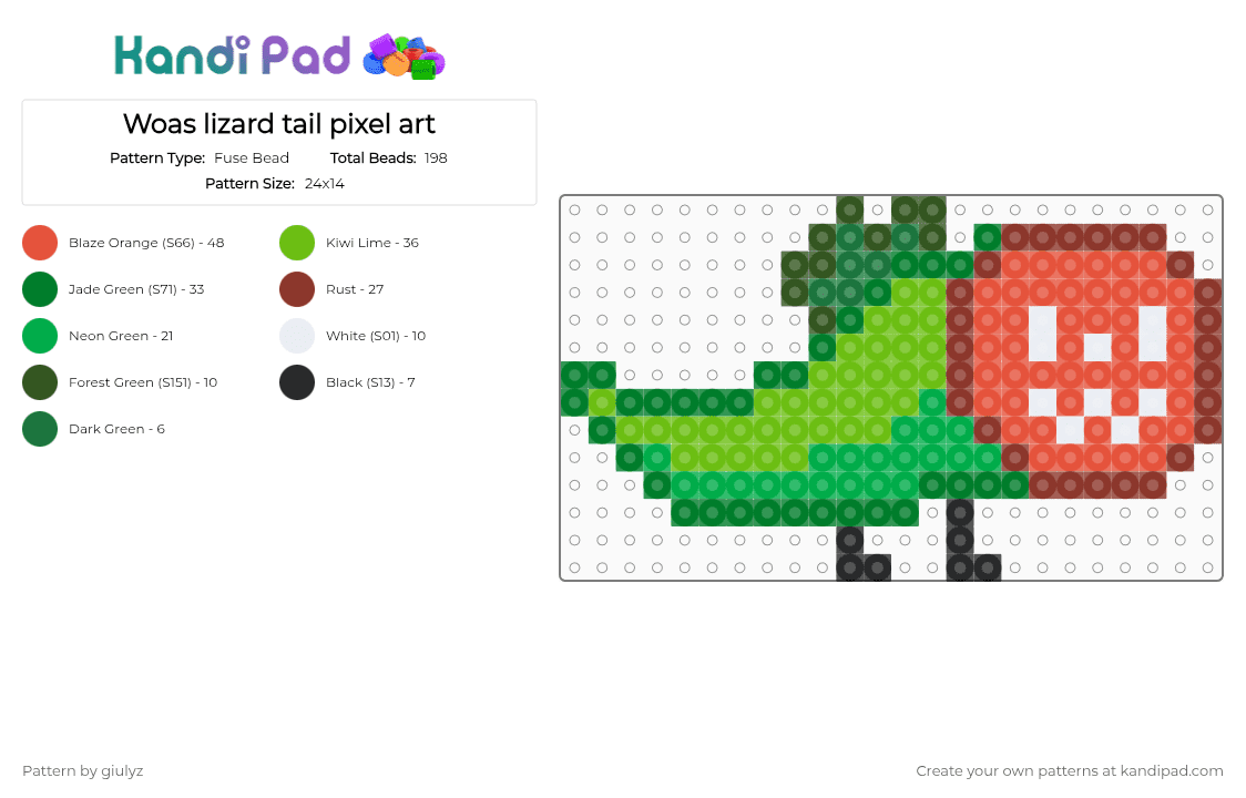 Woas lizard tail pixel art - Fuse Bead Pattern by giulyz on Kandi Pad - green, red