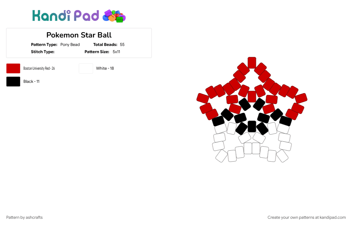 Pokemon Star Ball - Pony Bead Pattern by ashcrafts on Kandi Pad - game, pokeball, pokemon, red, star, white