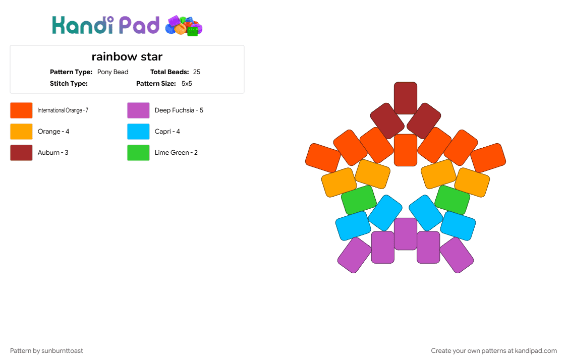 rainbow star - Pony Bead Pattern by sunburnttoast on Kandi Pad - bead, kandi, orange, perler, pink, rainbow, star