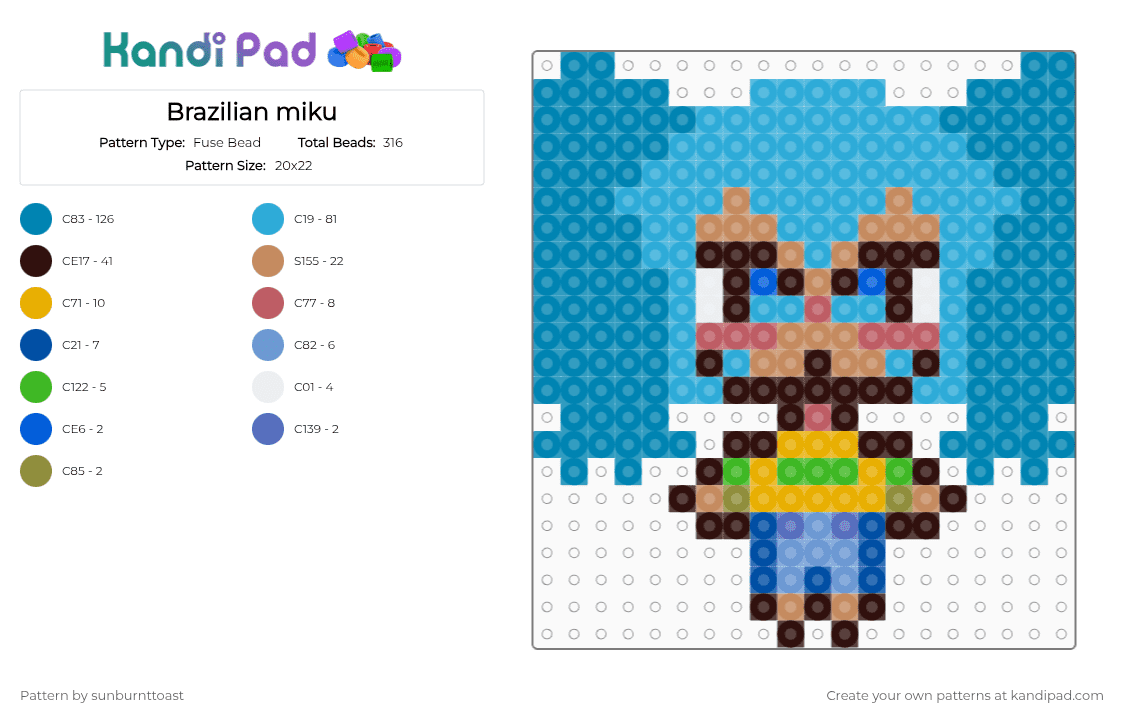 Brazilian miku - Fuse Bead Pattern by sunburnttoast on Kandi Pad - light blue,brown