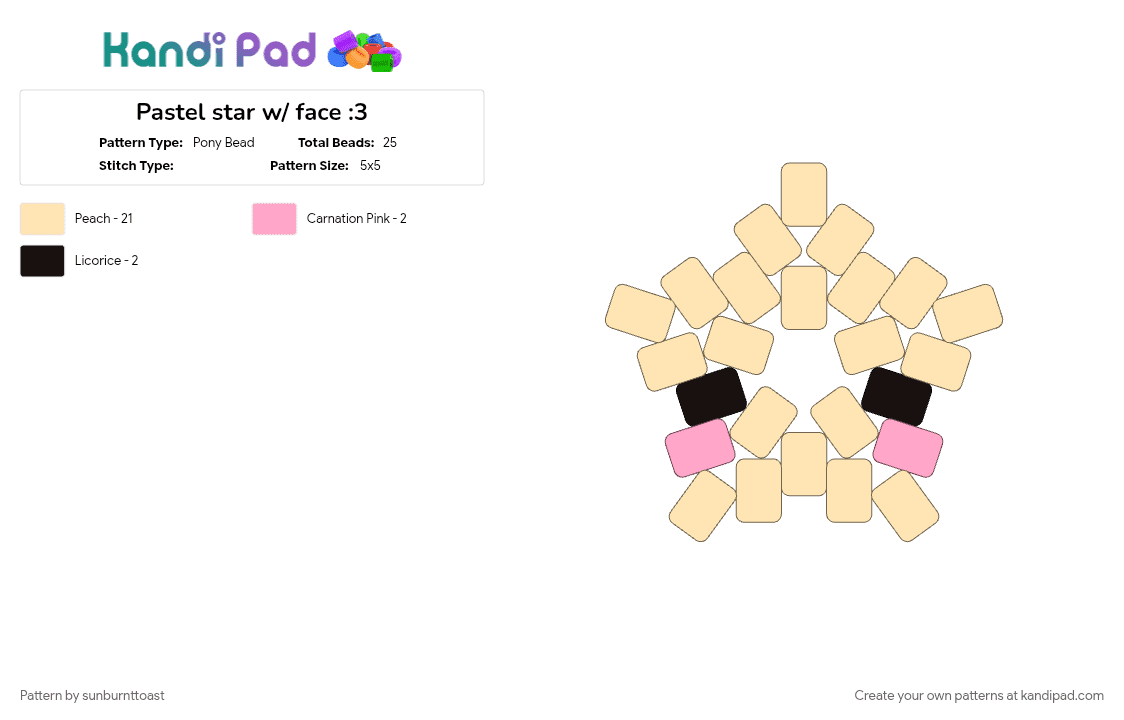 Pastel star w/ face :3 - Pony Bead Pattern by sunburnttoast on Kandi Pad - beige, cute core, face, kawaii, pastel, pink, star, yellow