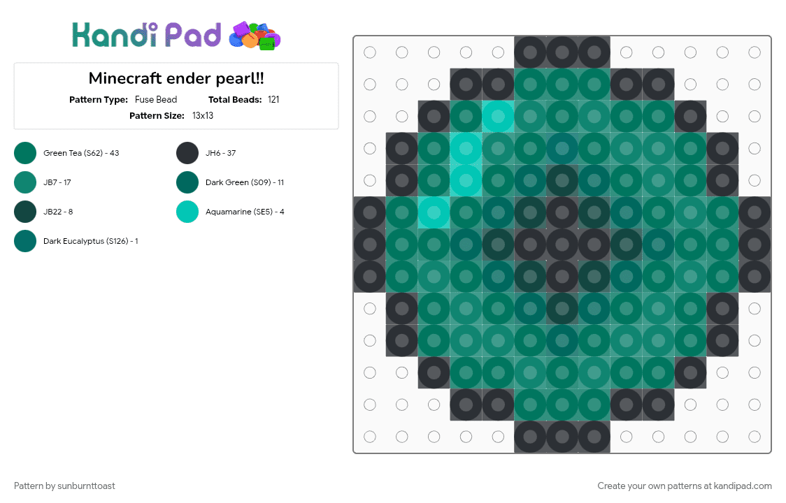 Minecraft ender pearl!! - Fuse Bead Pattern by sunburnttoast on Kandi Pad - black, teal