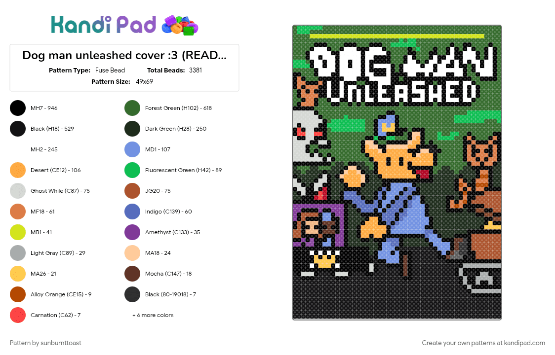 Dog man unleashed cover :3 (READ DESC) - Fuse Bead Pattern by sunburnttoast on Kandi Pad - black, comic, cotdcomics, dogman, dogman unleashed, green, orange, rainbow