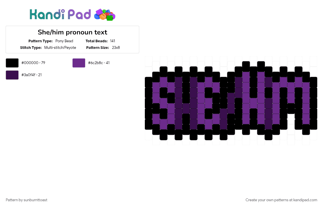 She/him pronoun text - Pony Bead Pattern by sunburnttoast on Kandi Pad - bigender, black, nonbinary, pink, pride, pronoun, purple, trans
