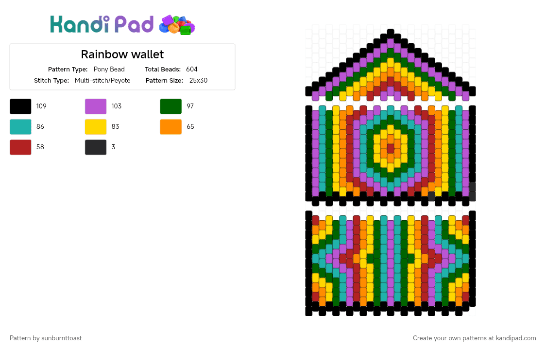 Rainbow wallet - Pony Bead Pattern by sunburnttoast on Kandi Pad - pink,green,yellow,teal