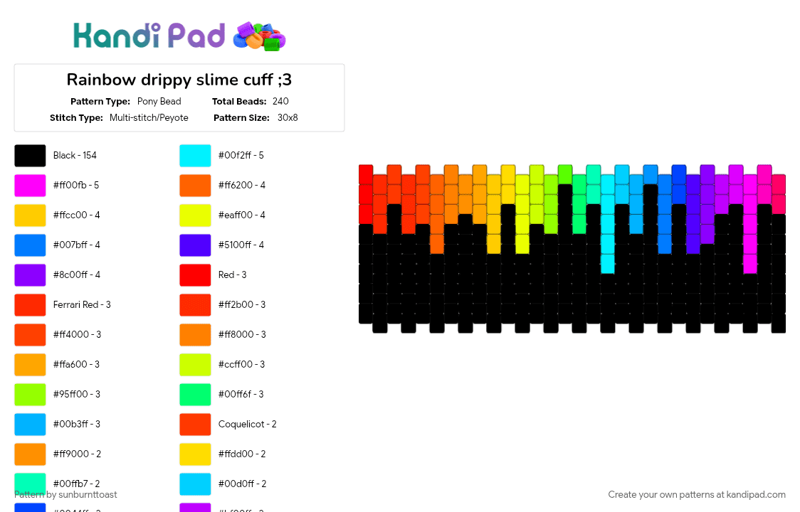 Rainbow drippy slime cuff ;3 - Pony Bead Pattern by sunburnttoast on Kandi Pad - black, colorful, cuff, multicolor, purple, rainbow, red, yellow