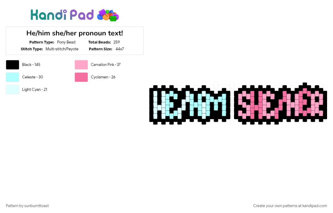 He/him she/her pronoun text! - Pony Bead Pattern by sunburnttoast on Kandi Pad - black, hehim, light blue, pink, pronoun, sheher, text