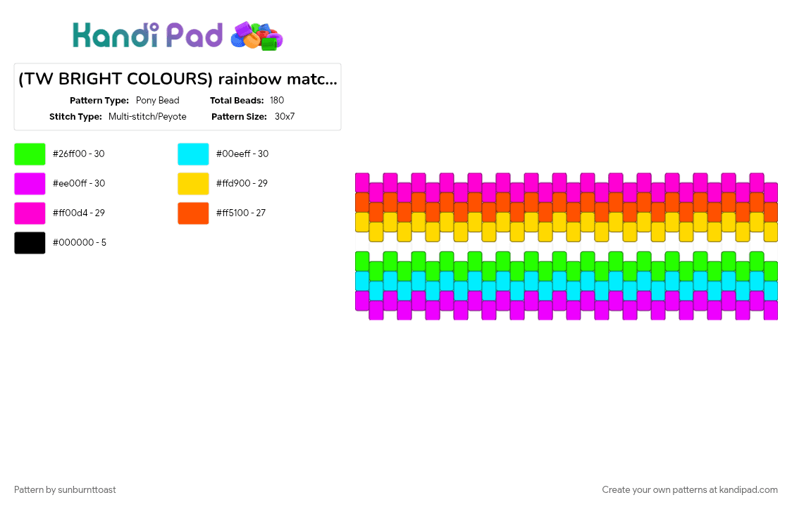 (TW BRIGHT COLOURS) rainbow matching cuffs :3 - Pony Bead Pattern by sunburnttoast on Kandi Pad - cotdsaturation, cuff, matching, pink, rainbow