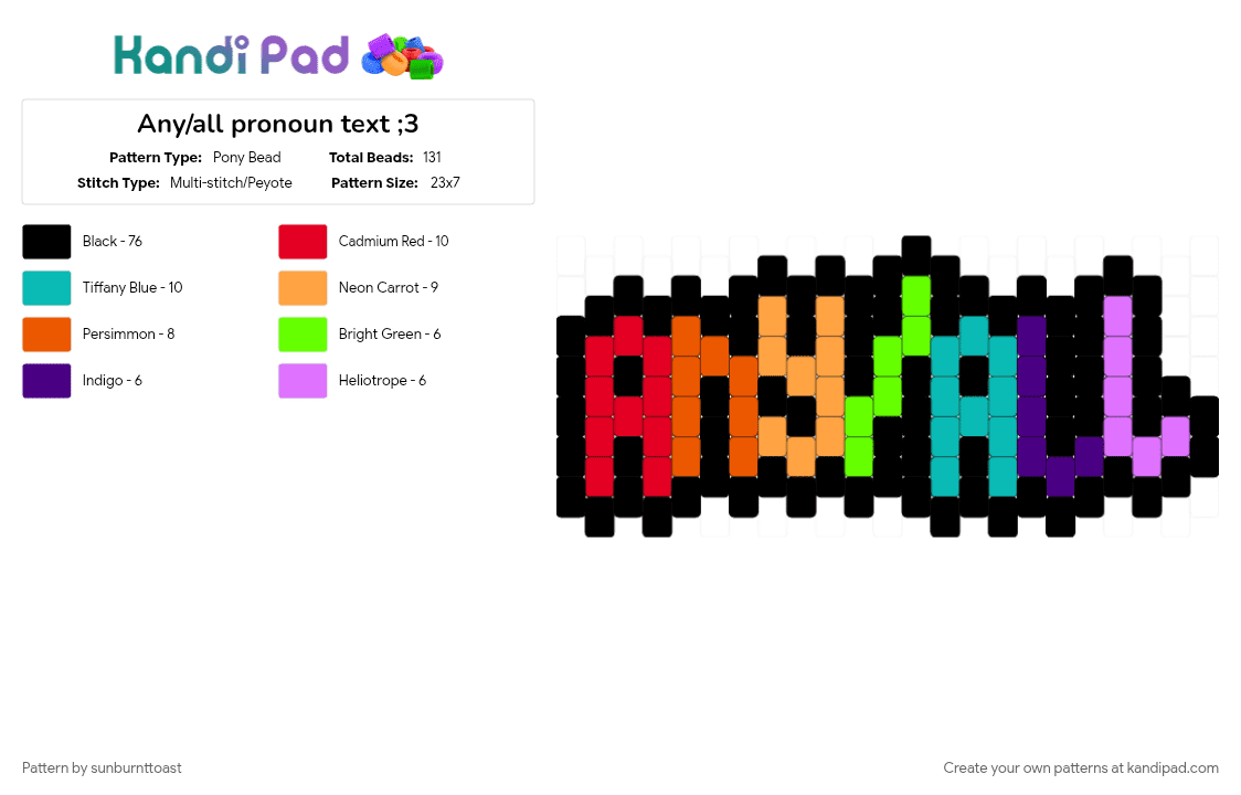 Any/all pronoun text ;3 - Pony Bead Pattern by sunburnttoast on Kandi Pad - anyall, black, orange, pronoun, red, teal, text