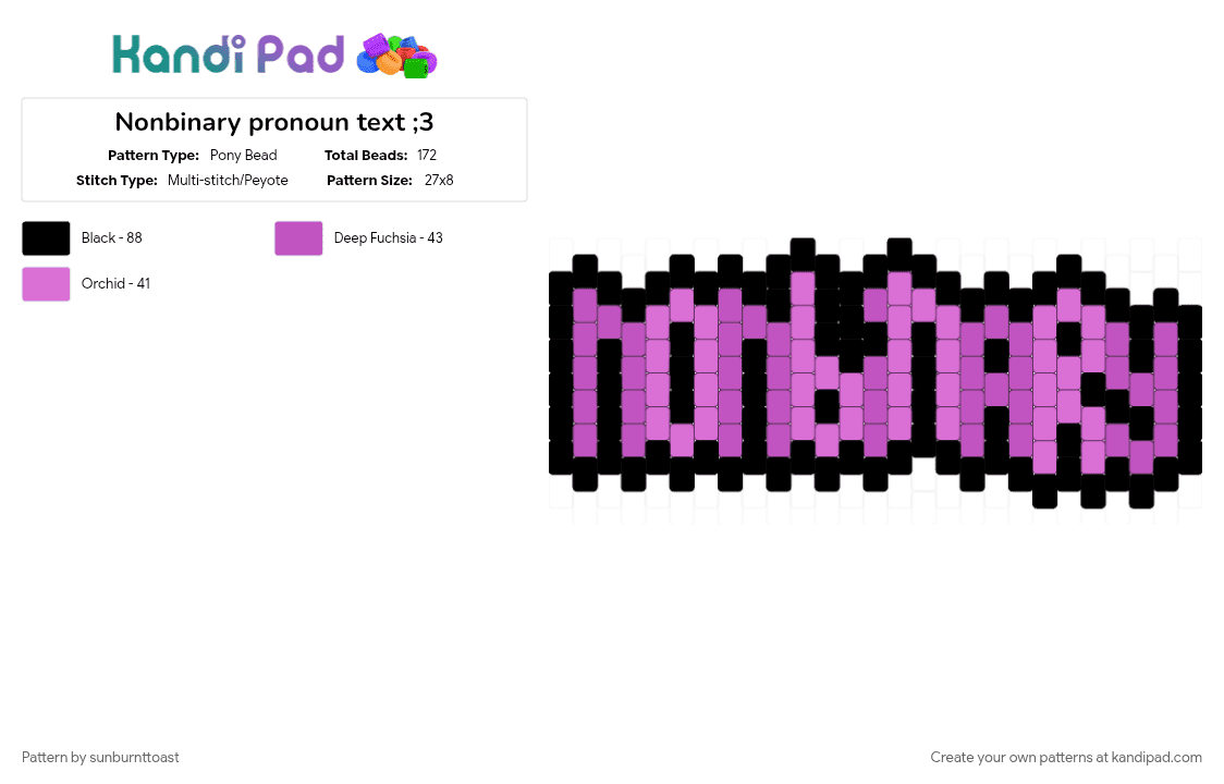 Nonbinary pronoun text ;3 - Pony Bead Pattern by sunburnttoast on Kandi Pad - black, nonbinary, pink