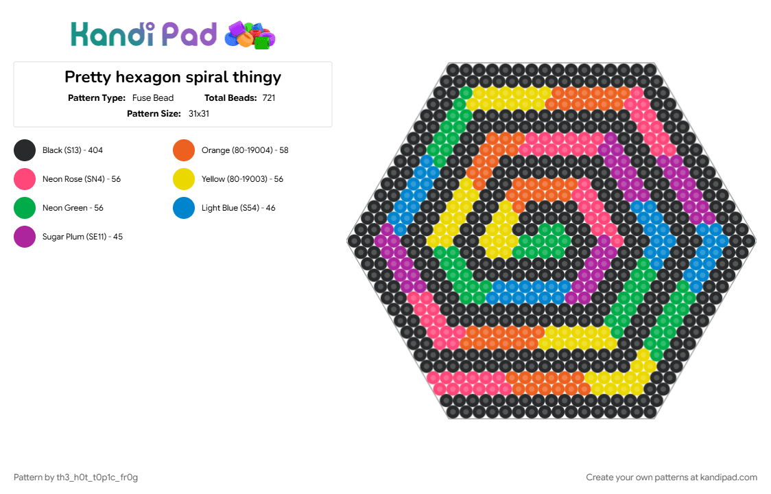 Pretty hexagon spiral thingy - Fuse Bead Pattern by th3_h0t_t0p1c_fr0g on Kandi Pad - black, colorful, green, hexagon, orange, rainbow, spiral
