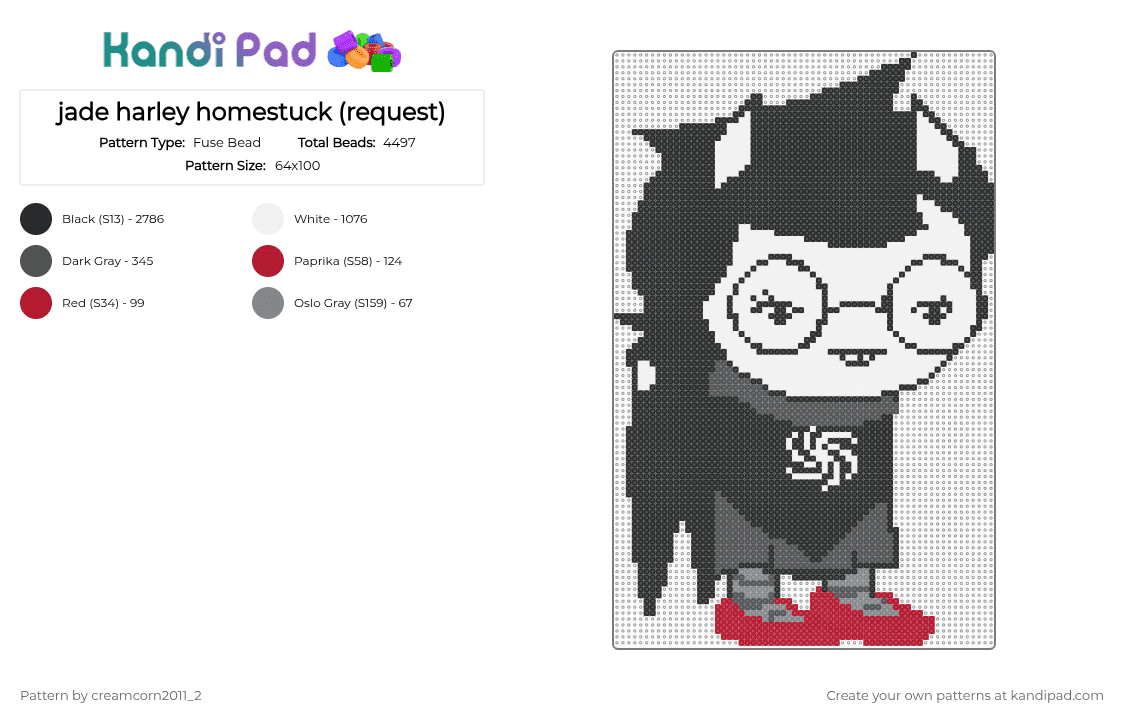 jade harley homestuck (request) - Fuse Bead Pattern by creamcorn2011_2 on Kandi Pad - black,white,gray,red,homestuck,charecter,request