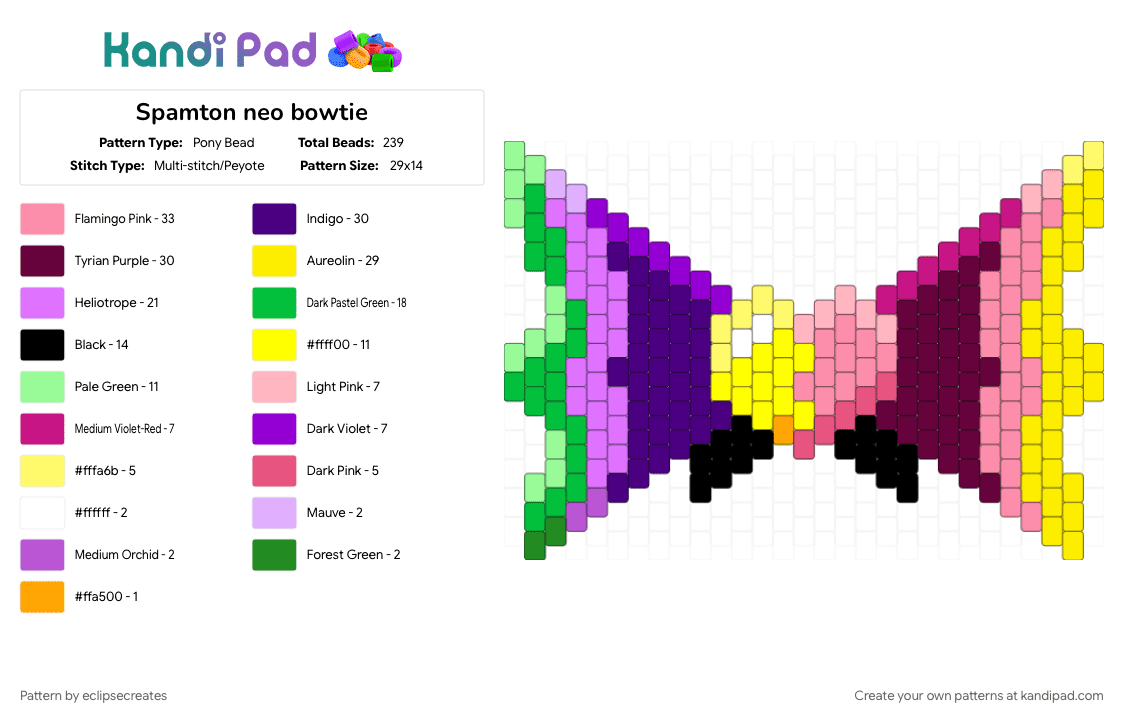 Spamton neo bowtie - Pony Bead Pattern by eclipsecreates on Kandi Pad - bow, bowtie, deltarune, deltarune bowtie, for all those dapper gays, kandi bowtie, pink, purple, spamton, spamton neo, yellow
