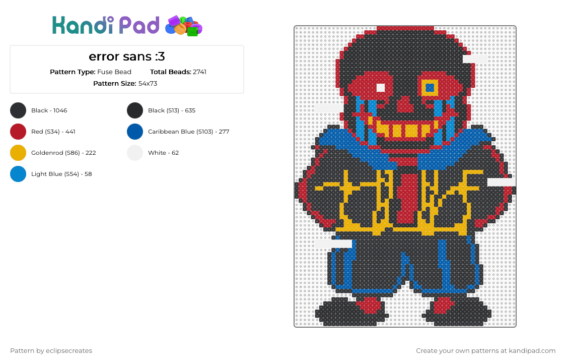 error sans :3 - Fuse Bead Pattern by eclipsecreates on Kandi Pad - black,red,blue,error sans,error,underverse,undertale,sans