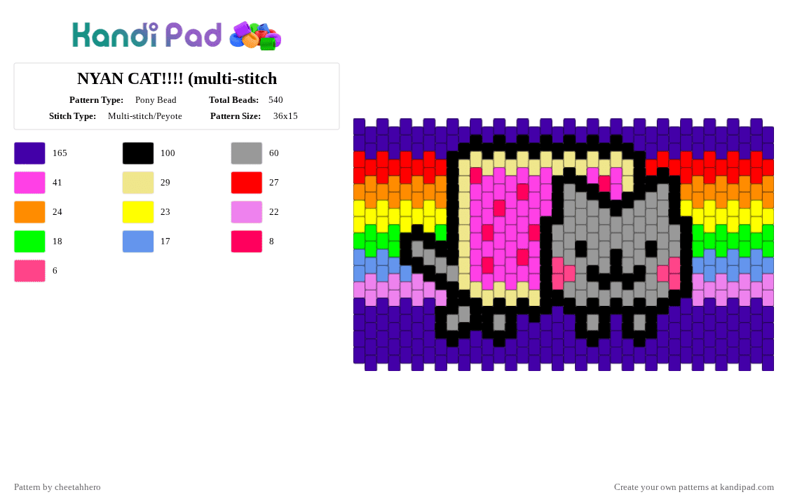 NYAN CAT!!!! (multi-stitch) - Pony Bead Pattern by cheetahhero on Kandi Pad - gray, pink, purple, yellow