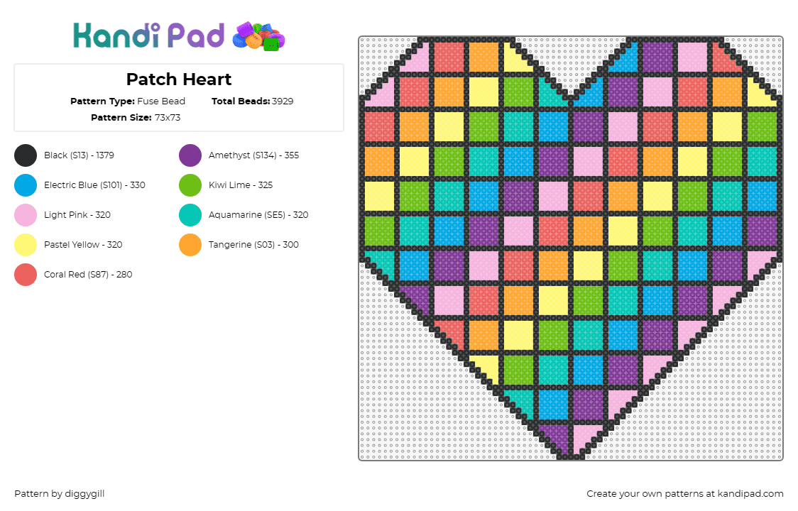 Patch Heart - Fuse Bead Pattern by diggygill on Kandi Pad - heart,geometric,grid,patch,diagonal,colorful