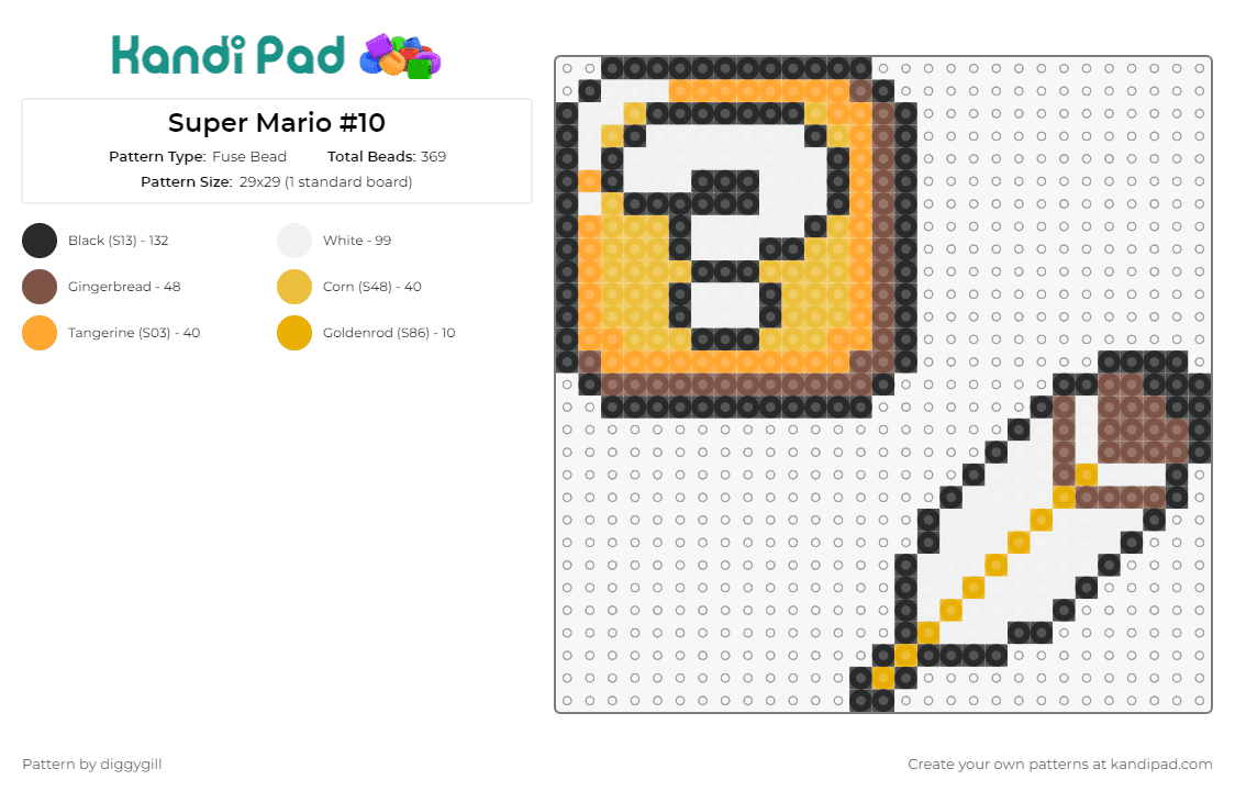 Super Mario #10 - Fuse Bead Pattern by diggygill on Kandi Pad - feather,question,block,coin,mario,nintendo,video game,yellow,white,brown