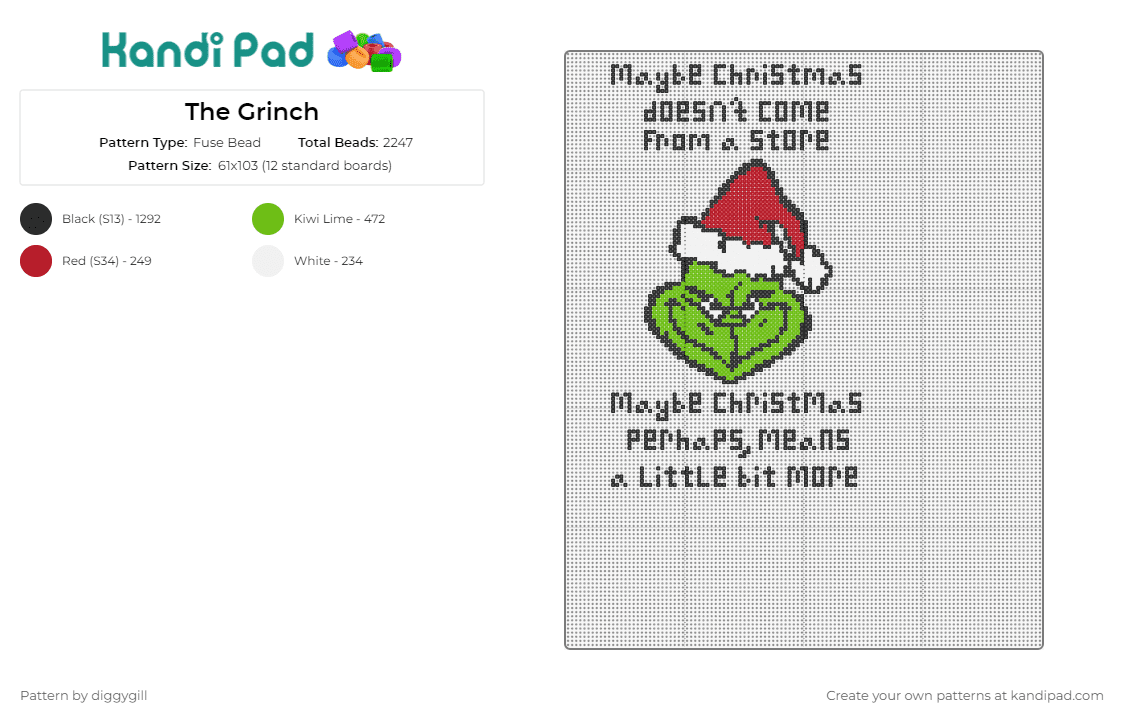 The Grinch - Fuse Bead Pattern by diggygill on Kandi Pad - grinch,dr seuss,christmas,character,movie,story,classic,text,sign,green,red