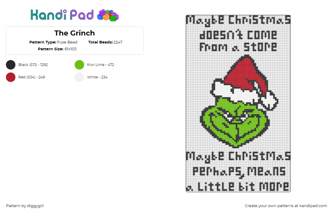 The Grinch - Fuse Bead Pattern by diggygill on Kandi Pad - grinch,dr seuss,christmas,character,movie,story,classic,text,sign,green,red