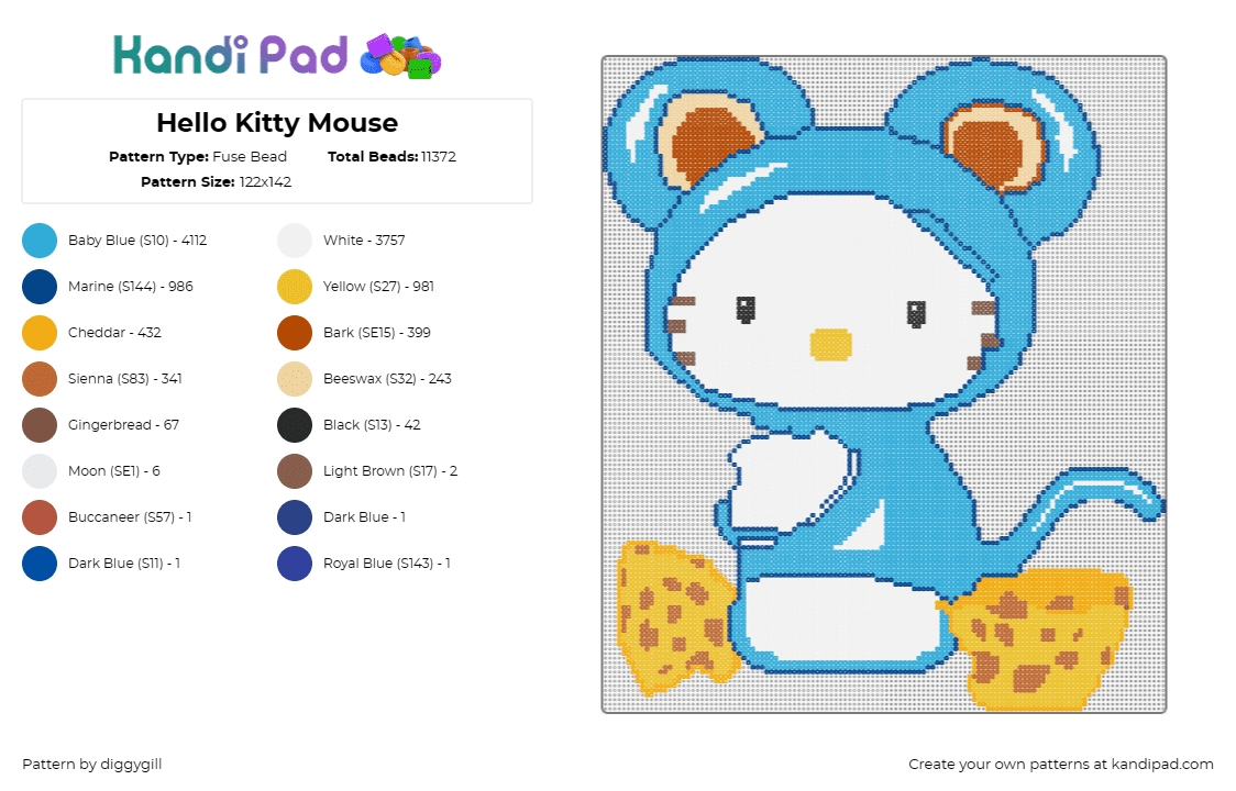 Hello Kitty Mouse - Fuse Bead Pattern by diggygill on Kandi Pad - hello kitty,mouse,sanrio,costume,cheese,cute,character,light blue,yellow,white