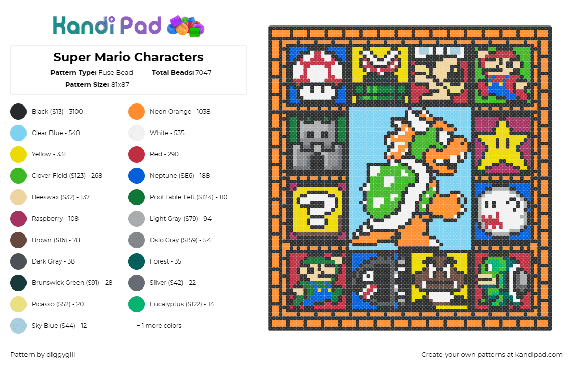 Super Mario Characters - Fuse Bead Pattern by diggygill on Kandi Pad - mario,bowser,nintendo,frame,panel,colorful,video game,light blue,orange,green