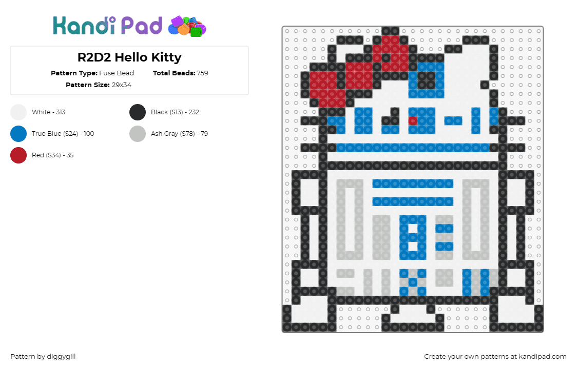 R2D2 Hello Kitty - Fuse Bead Pattern by diggygill on Kandi Pad - r2d2,hello kitty,star wars,mashup,droid,character,sanrio,scifi,robot,white,red