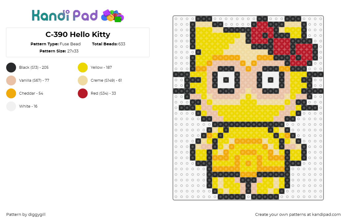 C-390 Hello Kitty - Fuse Bead Pattern by diggygill on Kandi Pad - c390,hello kitty,sanrio,star wars,mashup,robot,droid,scifi,yellow,red,cute