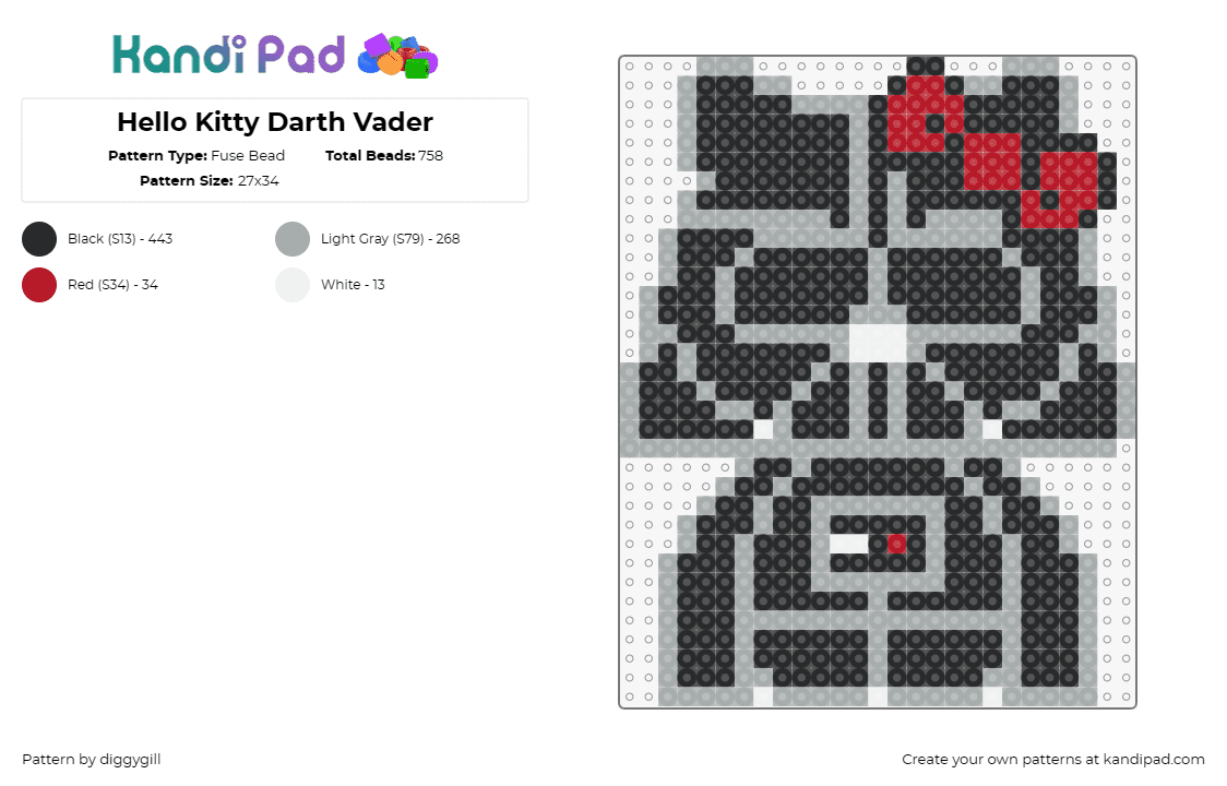 Hello Kitty Darth Vader - Fuse Bead Pattern by diggygill on Kandi Pad - darth vader,hello kitty,star wars,sanrio,mashup,jedi,scifi,black