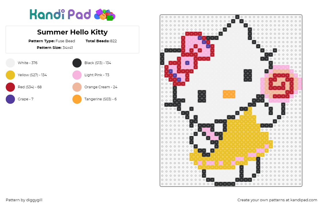 Summer Hello Kitty - Fuse Bead Pattern by diggygill on Kandi Pad - hello kitty,lollipop,sanrio,character,candy,cute,summer,white,yellow,pink