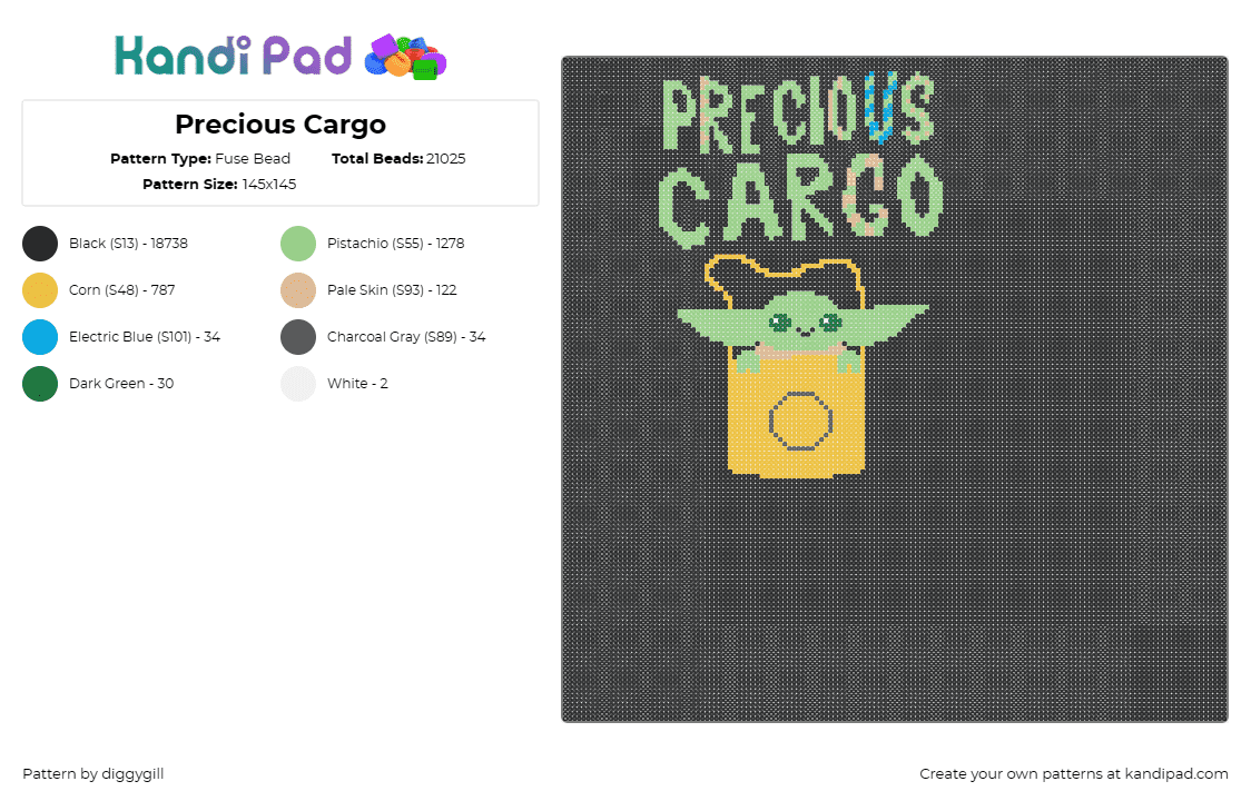 Precious Cargo - Fuse Bead Pattern by diggygill on Kandi Pad - baby yoda,star wars,sign,text,cute,bag,green,yellow