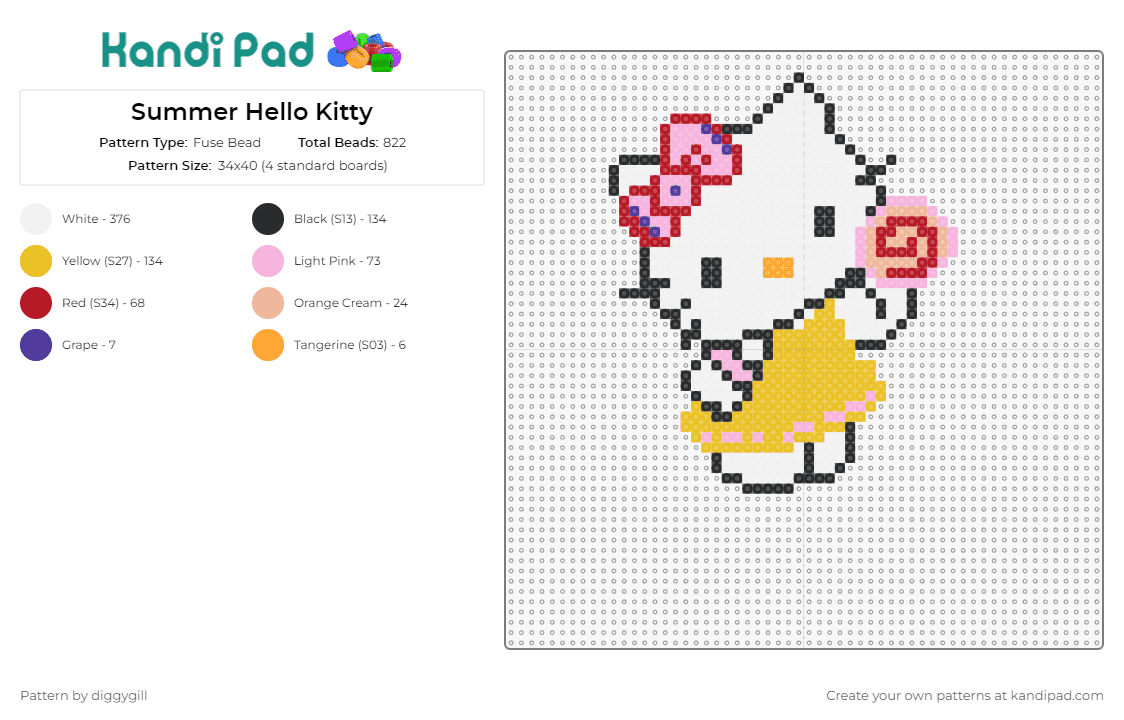 Summer Hello Kitty - Fuse Bead Pattern by diggygill on Kandi Pad - hello kitty,lollipop,sanrio,character,candy,cute,summer,white,yellow,pink